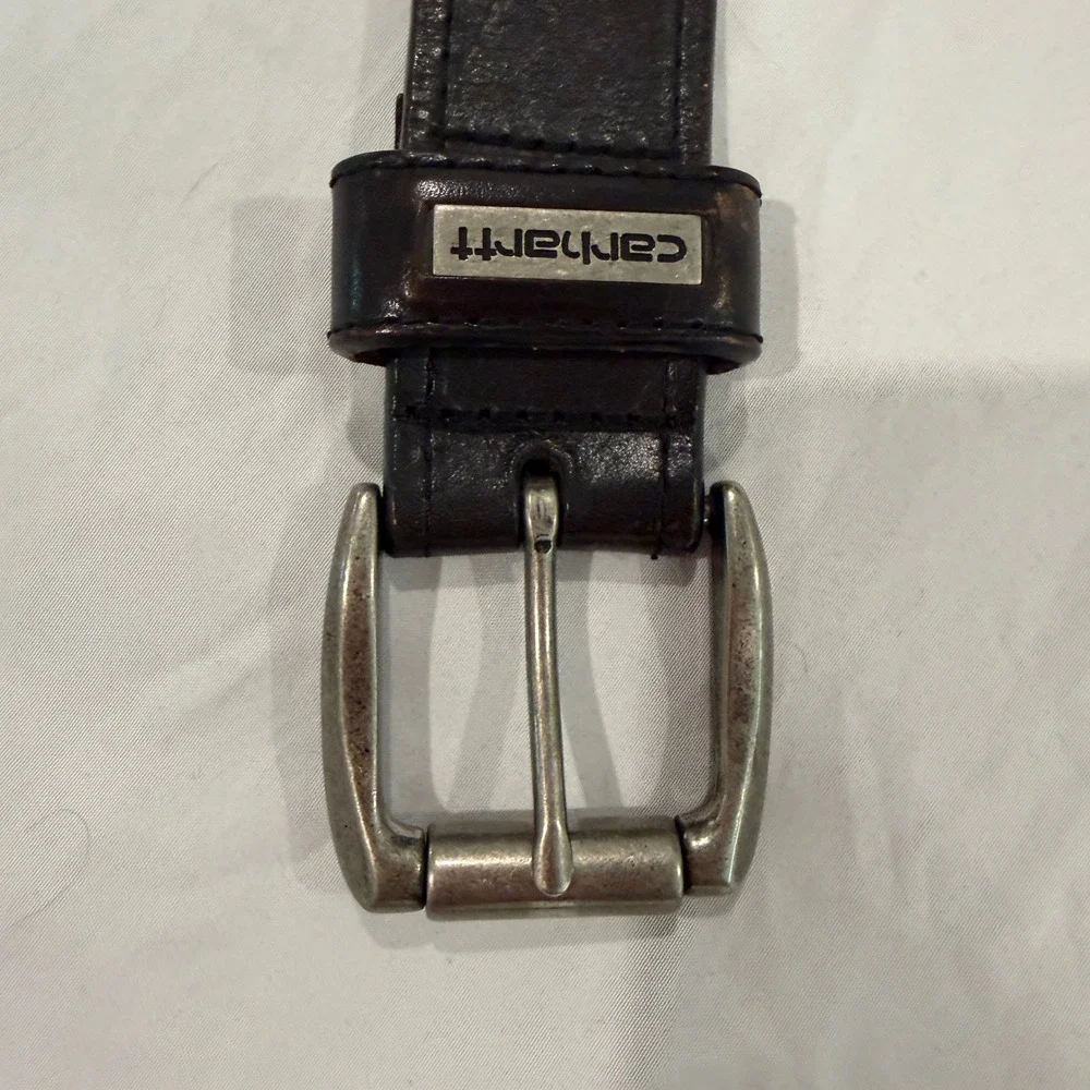 Carhartt Mens Leather Work Belt Dark Brown Metal Logo Plaque Buckle Size 36